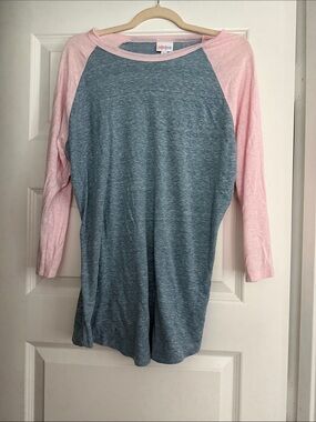 LuLaRoe Pink Sleeve Blue Body Raglan Top